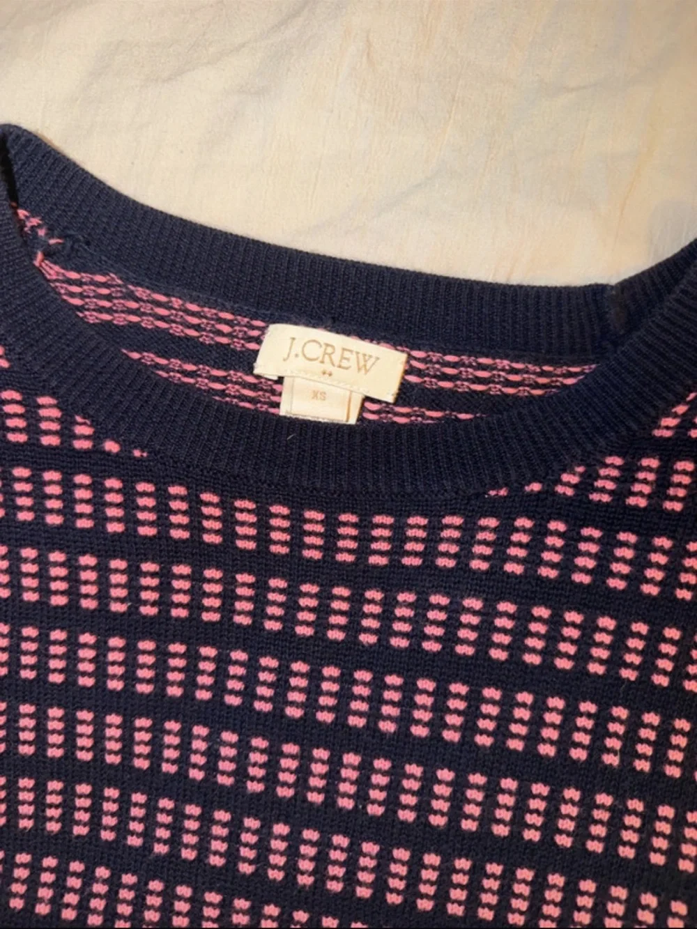 J. Crew Navy and Pink Striped Knit Crewneck Sweater